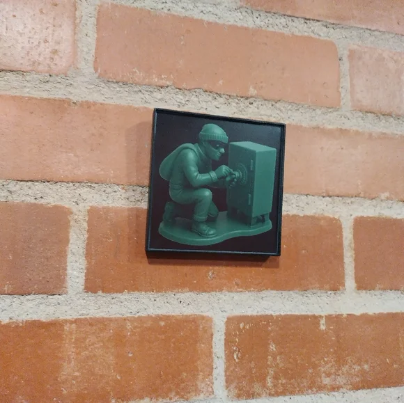 Burglar Cracking Safe Plastic Army Man Framed Mini Art Print By Neon Nicho - Picture 1 of 1